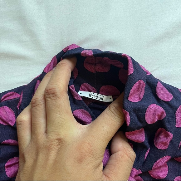 WOLFORD navy blue pink dot mock turtleneck 3/4 long sleeve textured knit top - Picture 4 of 5
